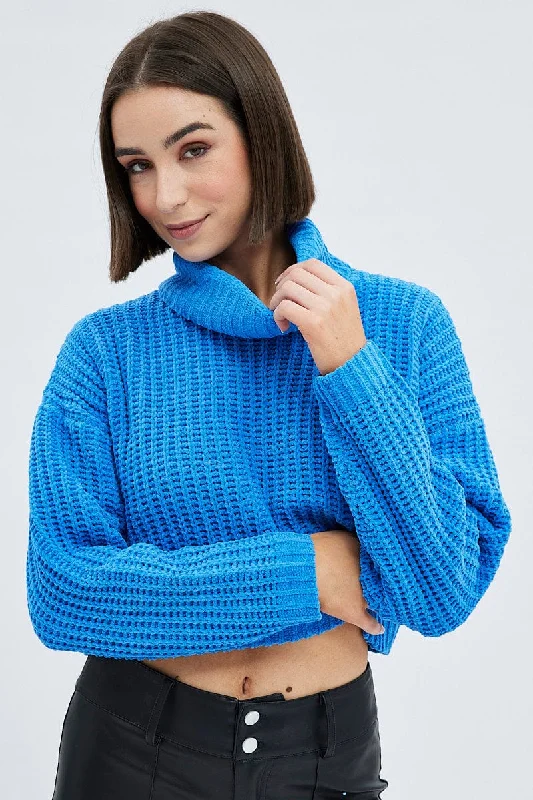 Blue Knit Jumper Turtle Neck Chenille Stylish Fashionable Trendy