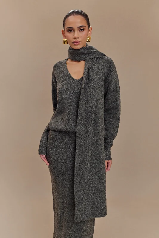 Ella V Neck Knit Jumper With Scarf - Charcoal Marle Modern Contemporary Chic