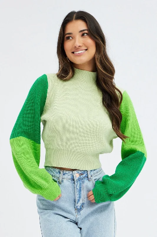 Green Knit Jumper Colour Block Glossy Satin Silk