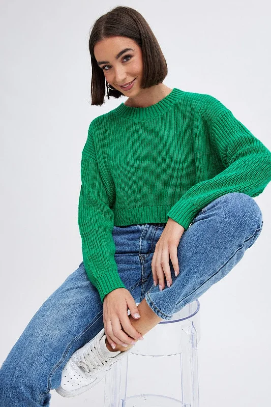 Green Knit Jumper Long Sleeve Cotton Embroidered Appliqued Beaded
