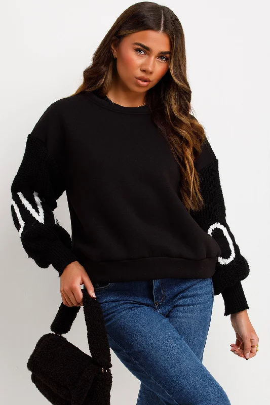 Jumper With Knitted Sleeves Love Slogan Black Silk Blend Satin Velvet