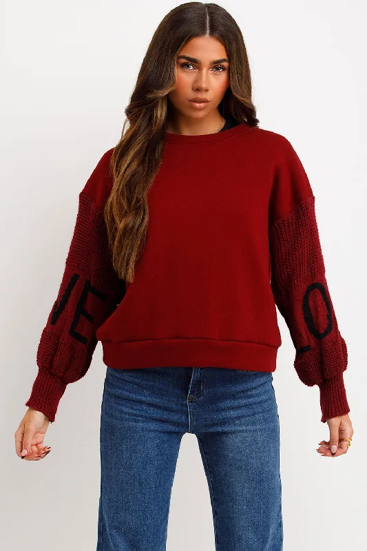 Jumper With Knitted Sleeves Love Slogan Burgundy Graphic Sweater Embroidered Appliqued