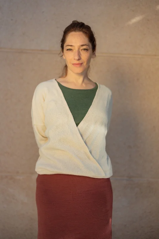Knitted Jumper Faye - Jacquard Oat Notch Collar Peter Pan Collar Cowl Neck