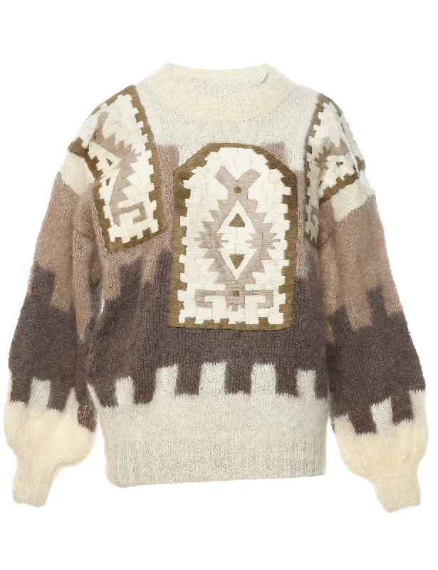 Light Brown Jumper - L Graphic Sweater Embroidered Appliqued