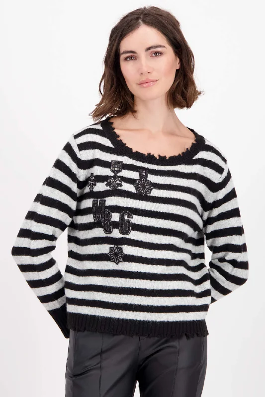 Monari 807041 Black Striped Round Neck Jumper Fleece Sweater Nylon Polyester