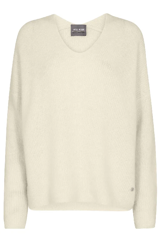 Mos Mosh 153900 MMThora Cream Ecru V-Neck Relaxed Fit Jumper Solid Color Striped Floral Print