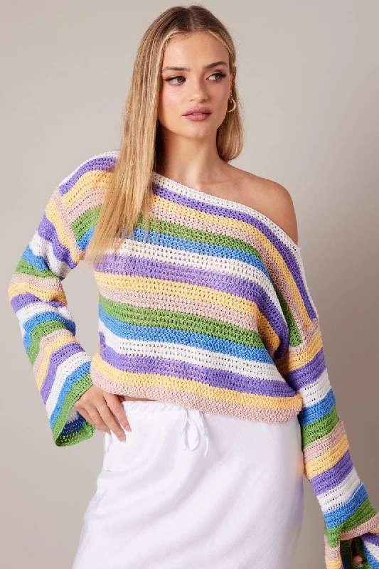 Multi Stripe Knit Jumper Front Pockets Side Pockets Patch Pockets