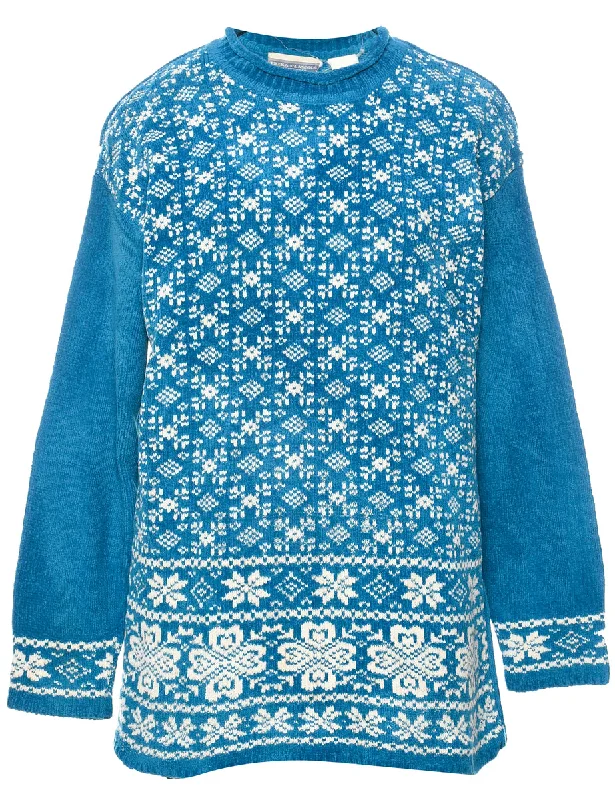 Nordic Turquoise Jumper - L Herringbone Houndstooth Plaid