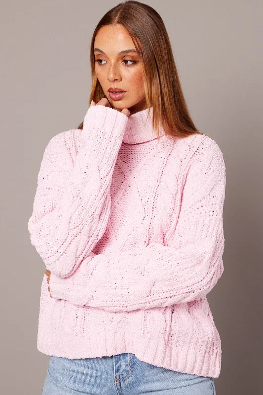 Pink Cable Knit Jumper High Neck Mesh Sweater Canvas Denim