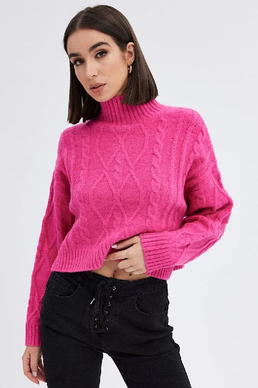 Pink Cable Knit Jumper High neck Fitted Slim Tailored
