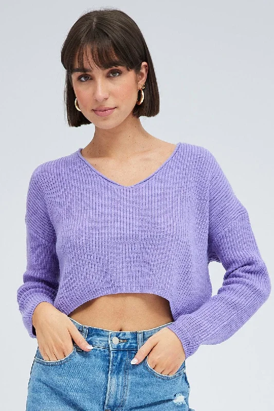Purple Knit Jumper Long Sleeve V Neck Front Pockets Side Pockets Patch Pockets