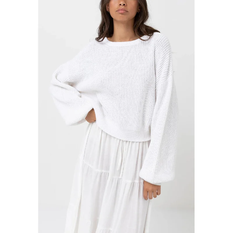 Rhythm Classic Knit Women's Jumper - White Welt Pockets Slit Pockets Flap Pockets