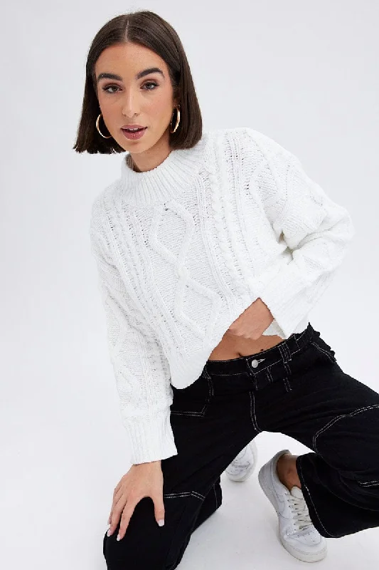 White Cable Knit Jumper Long Sleeve Solid Color Striped Floral Print