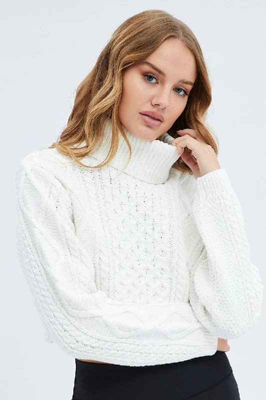 White Cable Knit Jumper Turtle Neck Solid Color Striped Floral Print