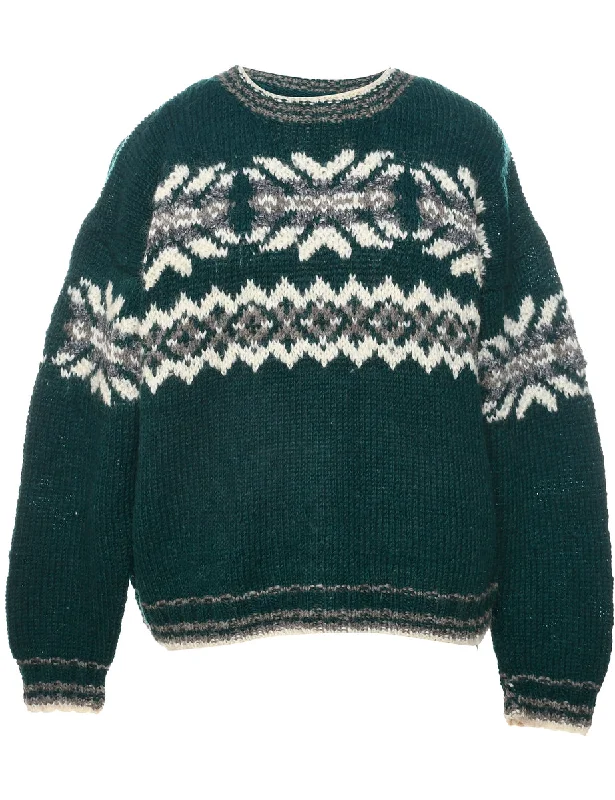 Wool Nordic Jumper - L Solid Color Striped Floral Print