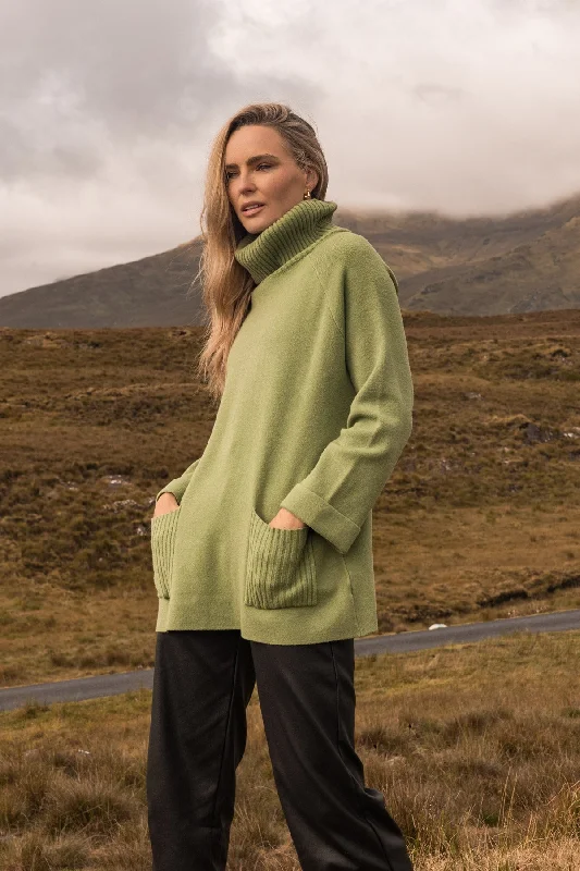 Green Cowl Neck Polo Jumper Wool Sweater Cotton Sweater Cashmere Sweater