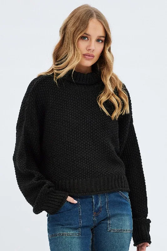 Black Knit Jumper Turtle Neck Bright Pastel Dark