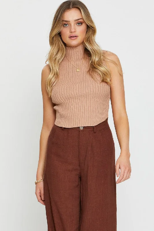 Brown Knit Jumper Long Sleeve Elegant Classic Vintage