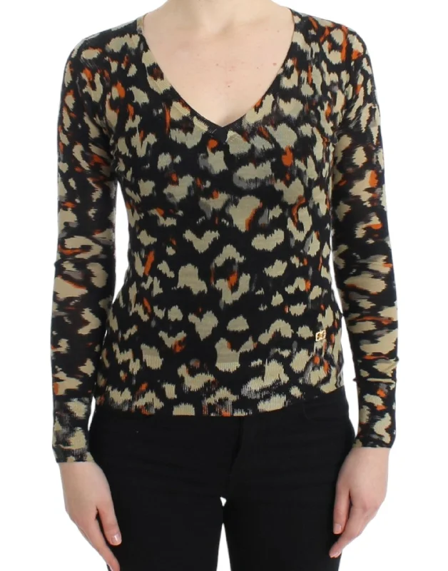 Elegant Multicolor V-neck Wool Jumper Oversized Loose Flowy