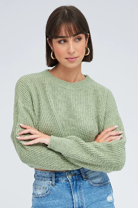 Green Knit Jumper Round Neck Long Sleeve Crop Fitted Slim Tailored