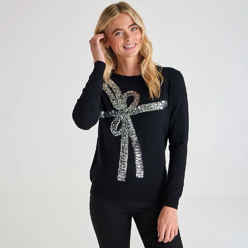 Ladies Bow Christmas Jumper Plaid Sweater Polka Dot Checkered