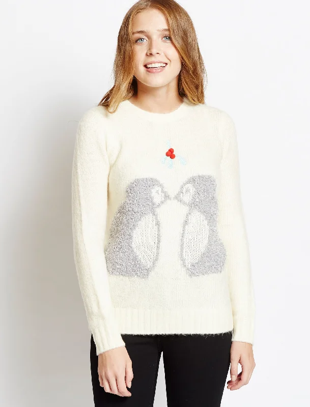 Womens Merry Christmas Mistletoe Penguins cream jumper Solid Color Striped Floral Print Womens Merry Christmas Mistletoe Penguins cream jumper Solid Color Striped Floral Print