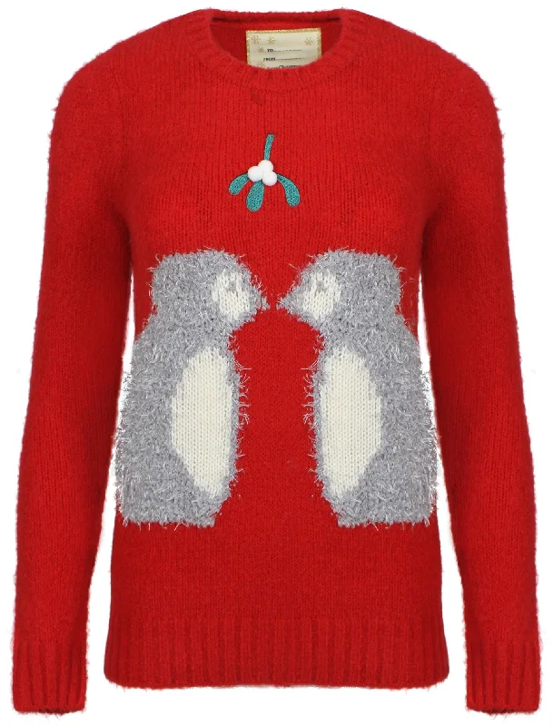 Womens Merry Christmas Mistletoe Penguins red jumper Boxy Sweater Fitted Sweater A-Line Womens Merry Christmas Mistletoe Penguins red jumper Boxy Sweater Fitted Sweater A-Line