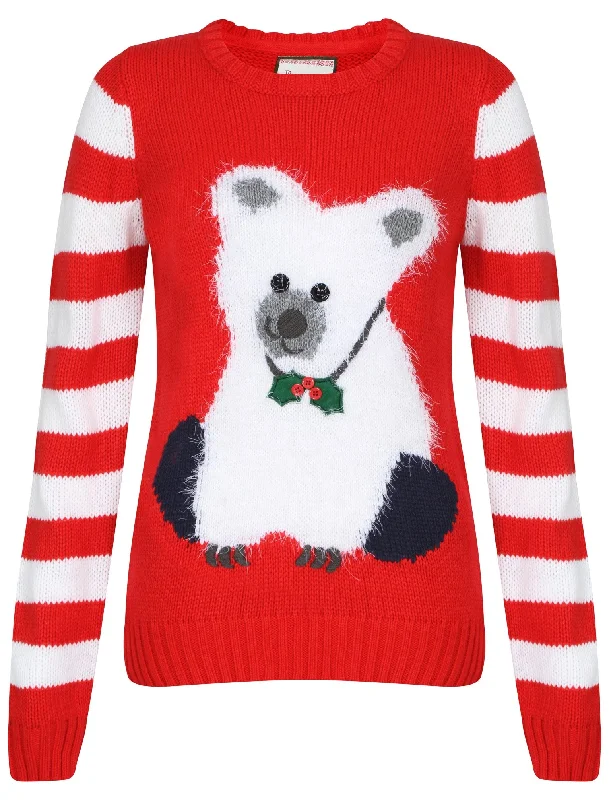 Womens Satin Flower red knitted Xmas jumper - Merry Christmas Real Fur Shearling Chenille Womens Satin Flower red knitted Xmas jumper - Merry Christmas Real Fur Shearling Chenille