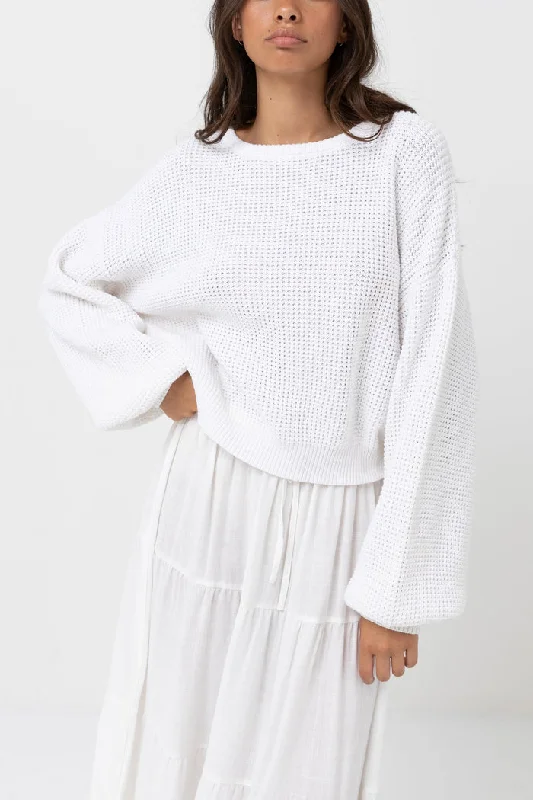 Rhythm Classic Knit Jumper - WHITE Zippered Front Buttoned Front Snap Front