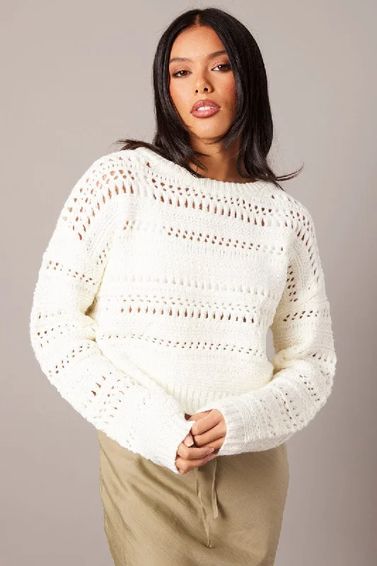 White Crochet Jumper Long Sleeve Crew Neck Hooded Sweater Collared Sweater Shawl Collar