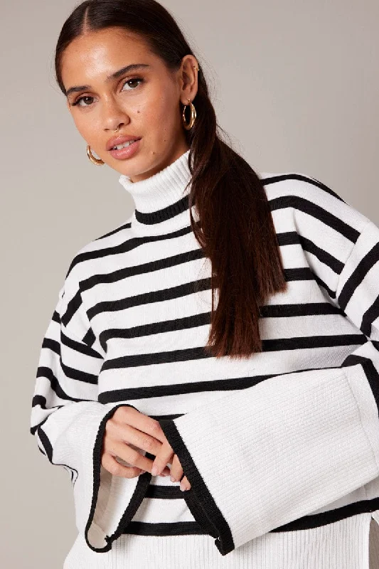 White Stripe Knit Jumper Print Jacquard Patchwork