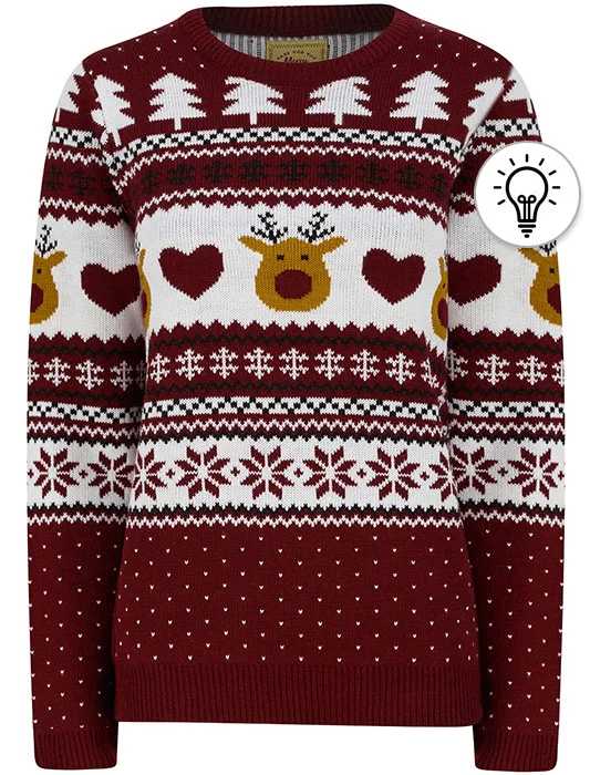 Women’s Deer Paper LED Light Up Novelty Christmas Jumper in Claret - Merry Christmas Herringbone Houndstooth Plaid