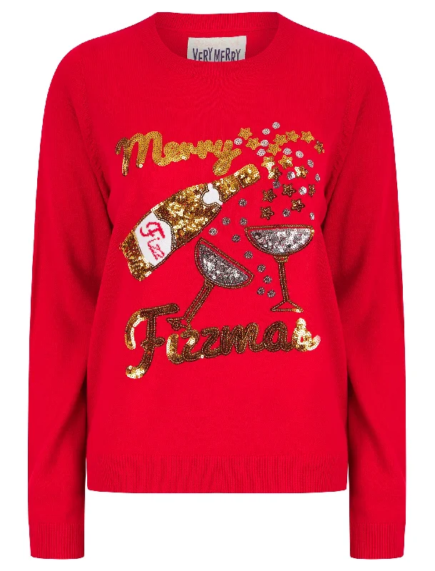 Women's Fizzymas Sequin Novelty Knitted Christmas Jumper in Tokyo Red - Merry Christmas Real Fur Shearling Chenille