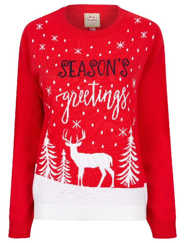 Women's Greetings Stag Motif Novelty Christmas Jumper in Tokyo Red - Merry Christmas Cashmere Blend Cotton Blend Poly Blend