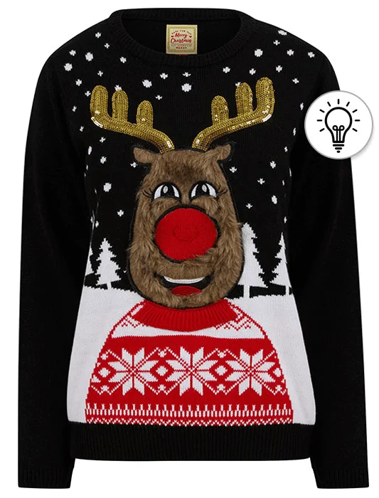 Women's Happy Vixen Motif LED Light Up Novelty Christmas Jumper in Jet Black - Merry Christmas Wool Fabric Cashmere Fabric Tweed Fabric