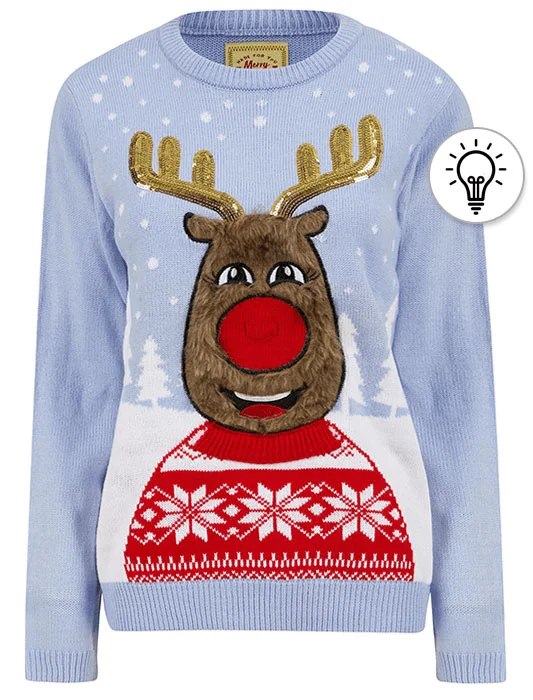 Women's Happy Vixen Motif LED Light Up Novelty Christmas Jumper in Powder Blue - Merry Christmas Tailored Straight A-Line