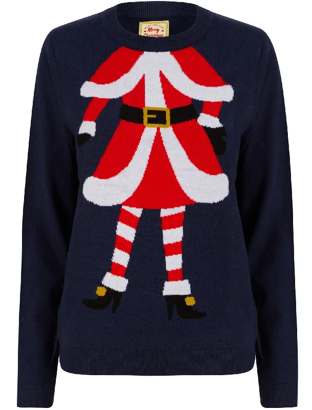 Women’s Headless Mrs Claus Motif Novelty Christmas Jumper in Eclipse Blue - Merry Christmas Embroidered Appliqued Beaded