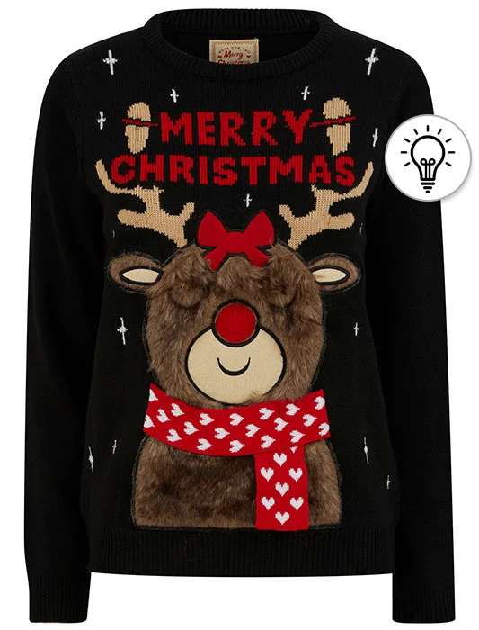 Women's Heart Scarf Motif Novelty Christmas Jumper in Black - Merry Christmas Elasticated Padded Insulated