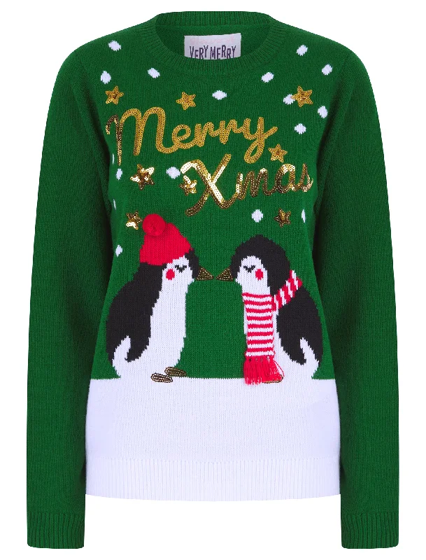 Women's Kissing Penguin Sequin Novelty Knitted Christmas Jumper in Christmas Green - Merry Christmas Anti-Pilling Anti-Shrink Durable