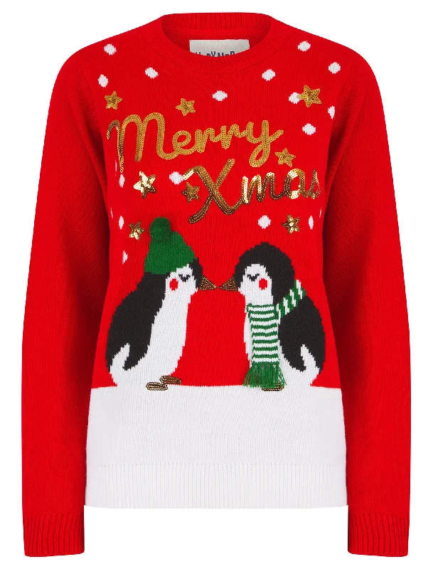 Women's Kissing Penguin Sequin Novelty Knitted Christmas Jumper in Tokyo Red - Merry Christmas Terry Terry Cloth Terry Knit Women's Kissing Penguin Sequin Novelty Knitted Christmas Jumper in Tokyo Red - Merry Christmas Terry Terry Cloth Terry Knit