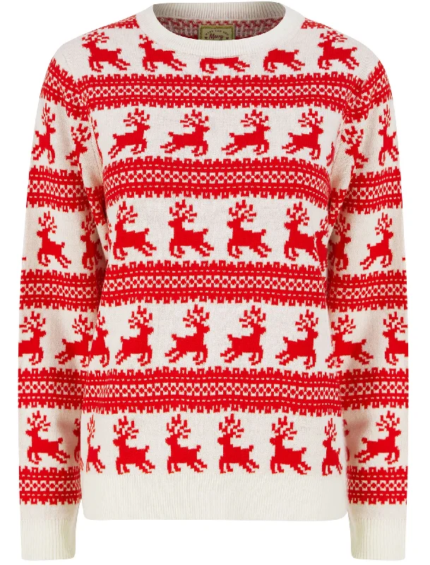 Women’s Leaping Reindeers Wallpaper Print Novelty Christmas Jumper in Gardenia - Merry Christmas Chenille Fabric Brocade Fabric Lace Fabric