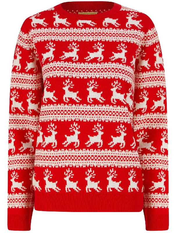Women’s Leaping Reindeers Wallpaper Print Novelty Christmas Jumper in High Risk Red - Merry Christmas High Neck Crew Neck V-Neck Women’s Leaping Reindeers Wallpaper Print Novelty Christmas Jumper in High Risk Red - Merry Christmas High Neck Crew Neck V-Neck