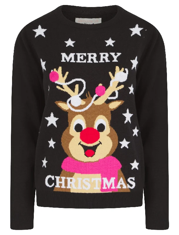 Women's Merry Stars Motif Novelty Christmas Jumper in Jet Black - Merry Christmas Oversized Loose Flowy