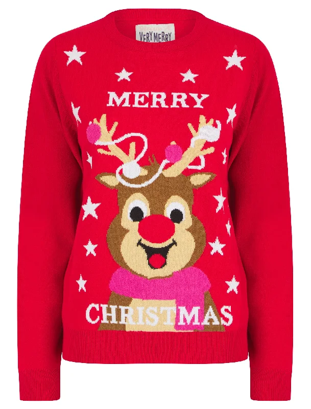 Women's Merry Stars Motif Novelty Christmas Jumper in Tokyo Red - Merry Christmas Stretchy Elastic Breathable