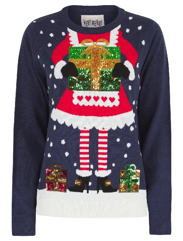 Women’s Mrs Kringle Motif Novelty Sequinned Christmas Jumper in Eclipse Navy - Merry Christmas Knit Fabric Woven Fabric Fleece Fabric