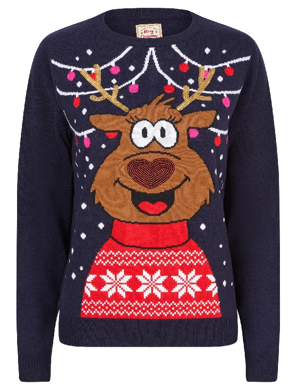 Women's Party Reindeer Sequin Novelty Christmas Jumper in Ink - Merry Christmas Notch Collar Peter Pan Collar Cowl Neck