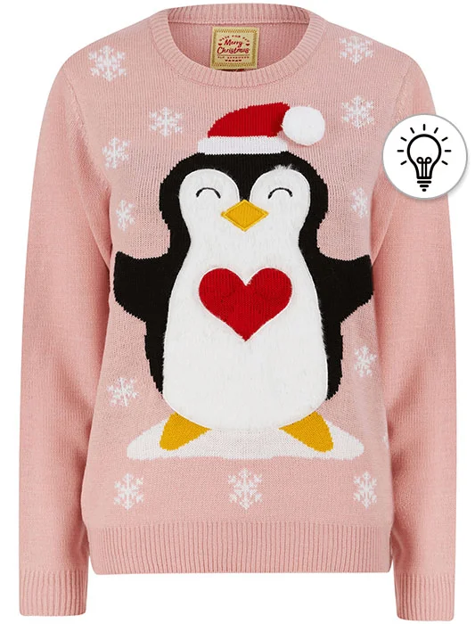 Women's Penguin Hug Motif Novelty Christmas Jumper in Pink Almond Blossom - Merry Christmas Satin Fabric Silk Fabric Chiffon Fabric
