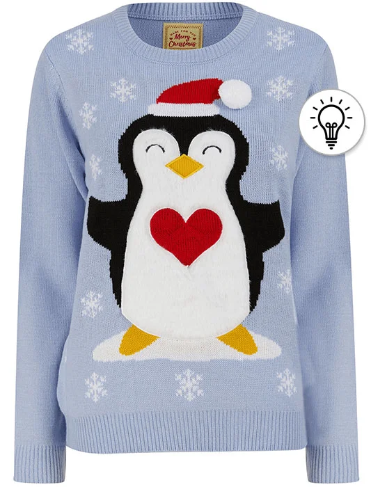 Women's Penguin Hug Motif Novelty Christmas Jumper in Powder Blue - Merry Christmas Front Pockets Side Pockets Patch Pockets