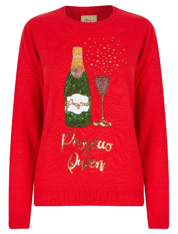 Women's Prosecco Queen Sequin Novelty Christmas Jumper in Tokyo Red - Merry Christmas Striped Floral Plaid