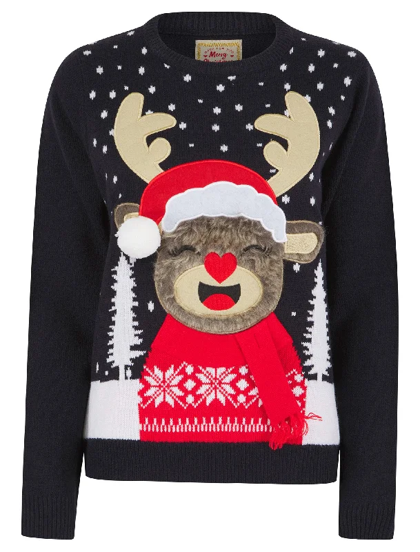 Women’s Rudolph Laughing Motif Novelty Christmas Jumper in Ink - Merry Christmas Handmade Hand-knitted Hand-woven